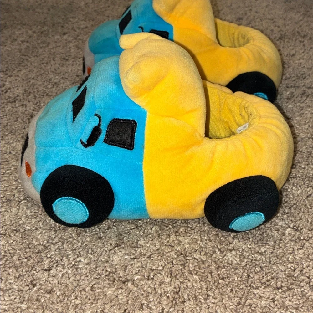 Plush Blue & Yellow Toy Truck Slippers size 11-12 Kids Soft Vehicle house shoes